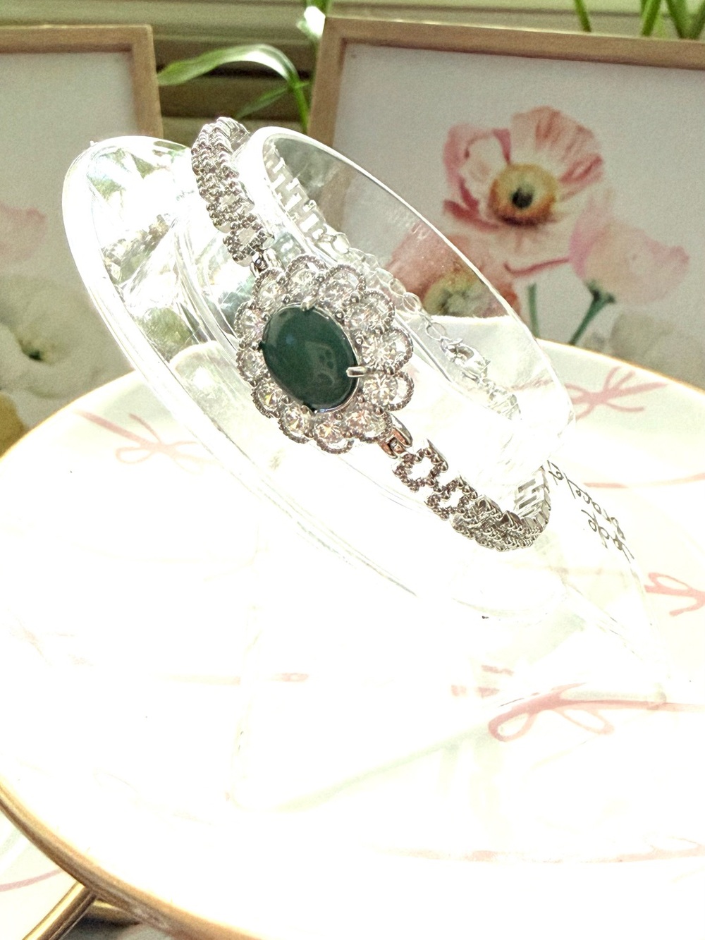 Natural Jade with Cubic Circonia in Sterling Silver Bracelet